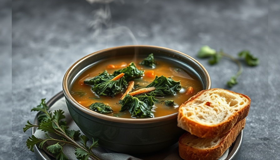 Meal-Worthy Kale Soup in a rustic bowl with bread and fresh kale.