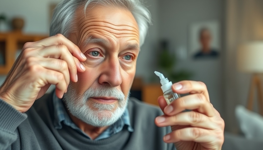 Elderly man using daily eye drops for presbyopia.