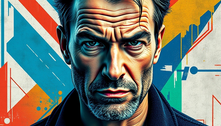 Stylized portrait of a man with abstract geometric background on AI content.