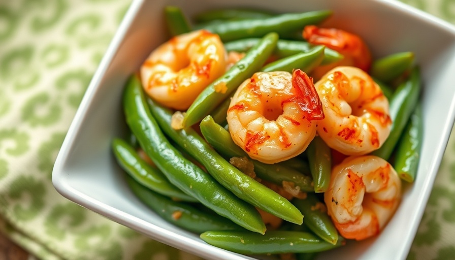 Stir-Fried Shrimp and Sugar Snap Peas in a white bowl on green napkin.