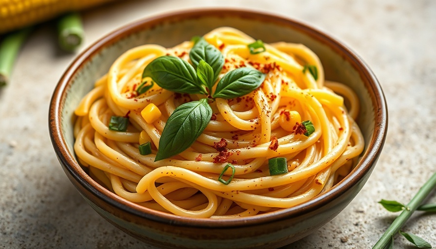 Creamy Sweet Corn and Brown Butter Ricotta Pasta garnished with basil.