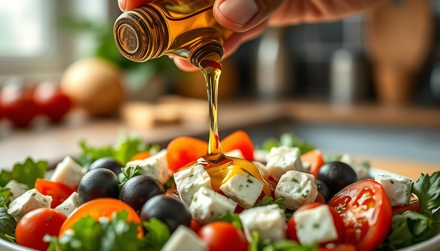 Close-up of olive oil pouring over salad for Mediterranean diet gum health.
