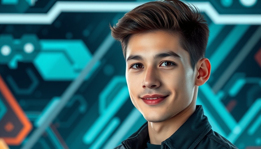 Confident young man alongside tech-themed graphic promoting growth memo.