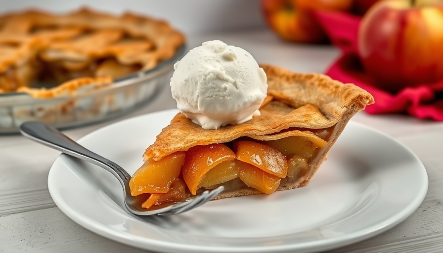 Gluten-free apple pie slice with ice cream on a white plate.