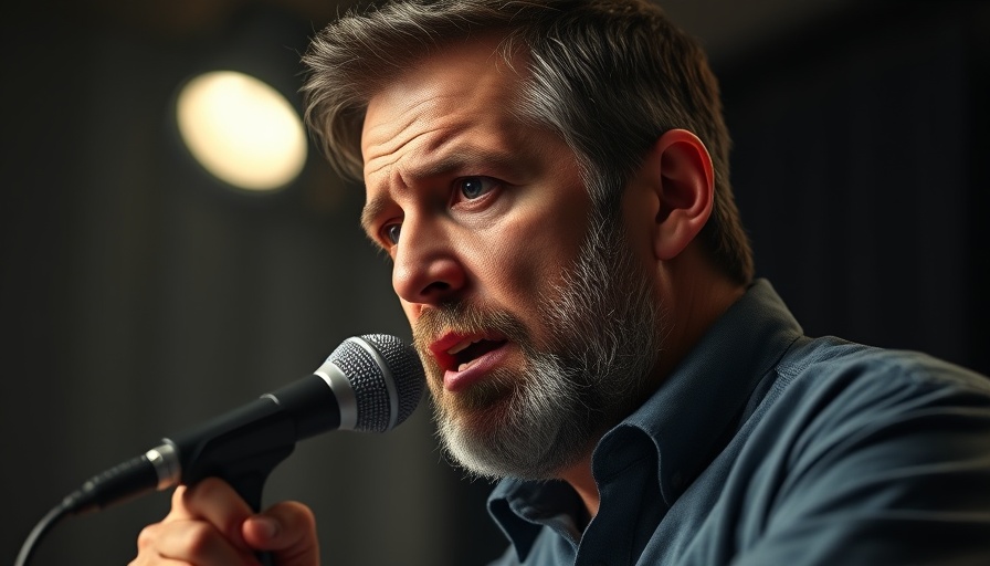 Middle-aged man discussing AI technology passionately in a dark studio.