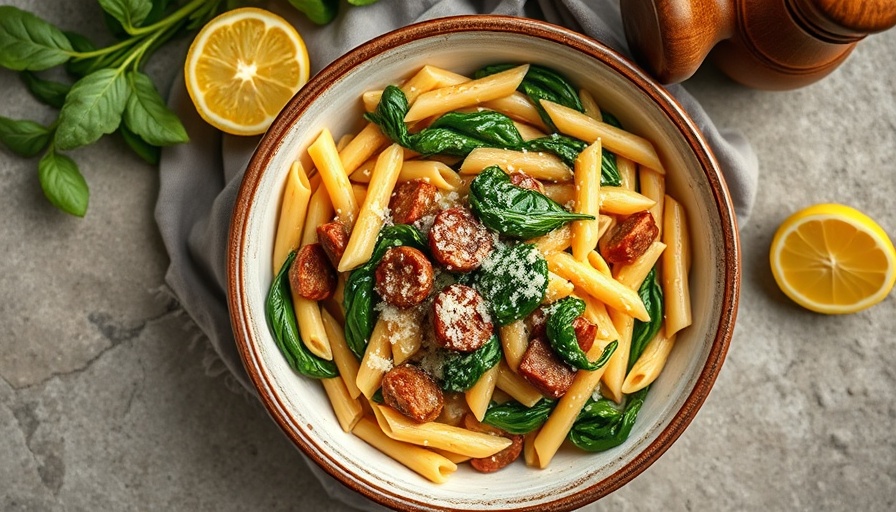 Italian sausage pasta with penne and spinach garnished with Parmesan.