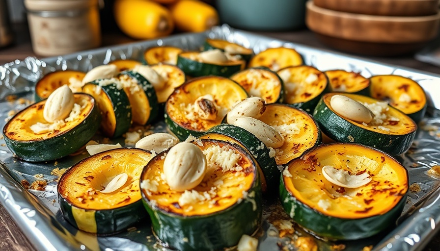 Roasted summer squash with garlic and Parmesan on foil.