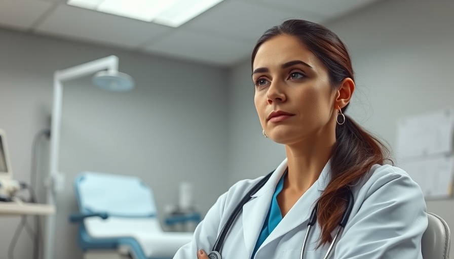 Doctor in exam room, contemplating issues in healthcare, projected surge in uninsured rates.