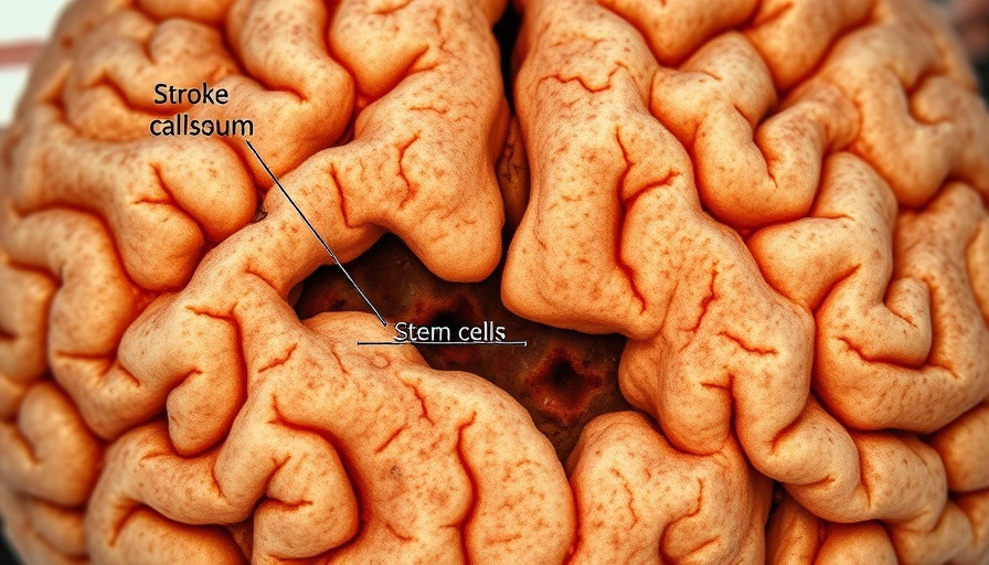 Microscopic brain tissue showing stroke damage in cortex and corpus callosum.
