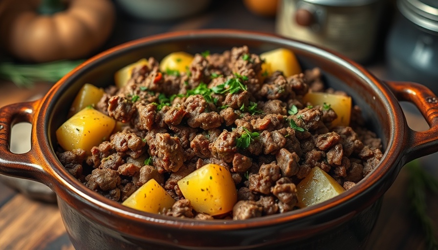 Delicious ground beef and potatoes recipe in rustic pot.