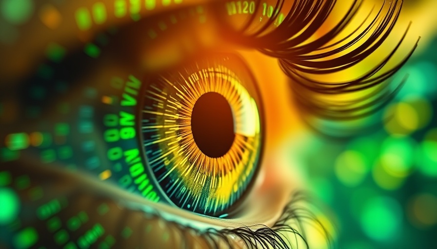 Futuristic digital eye with coding, AI humanoids for industry transformation.