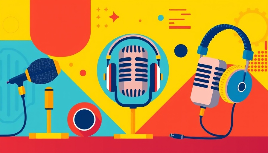 Podcast media elements with microphones and headphones in vibrant colors.