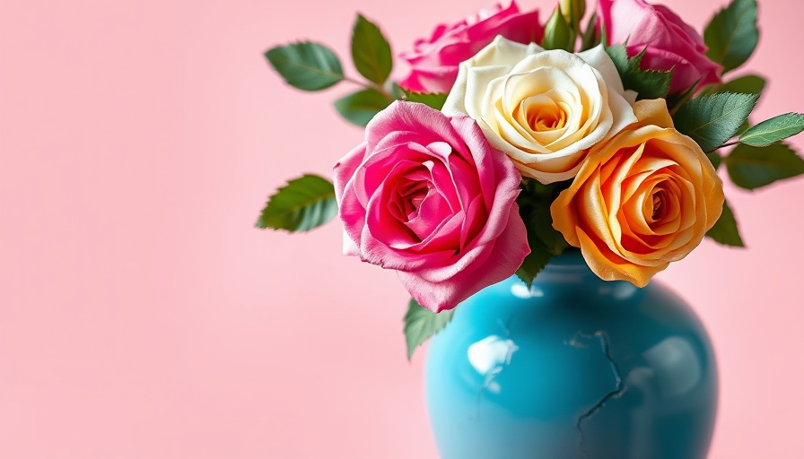 Blue cracked vase patched with tape holding roses, symbolizing mending relationships, on a pastel pink backdrop.
