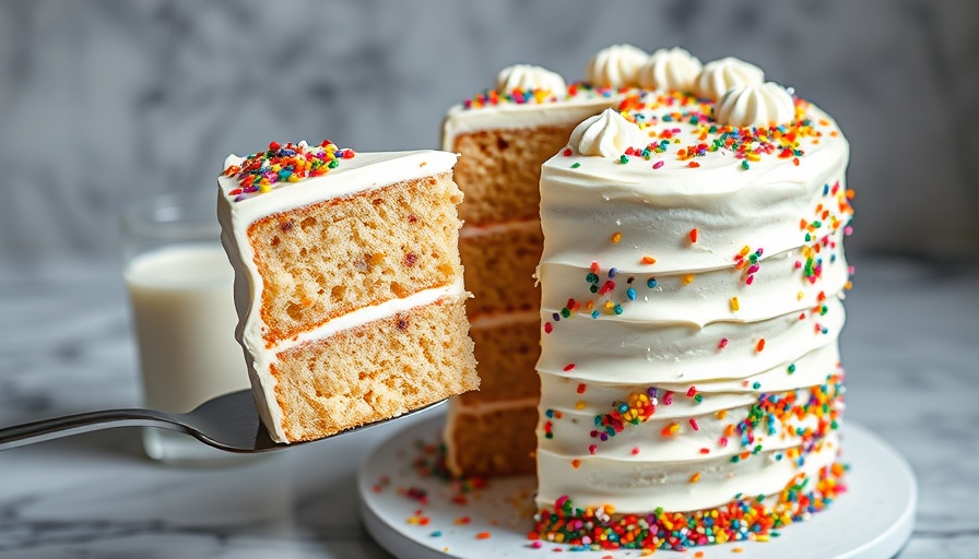 Healthy birthday cake with slice on spatula, colorful sprinkles.