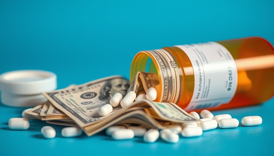 Prescription costs symbolized with money and pills spilling from a bottle.