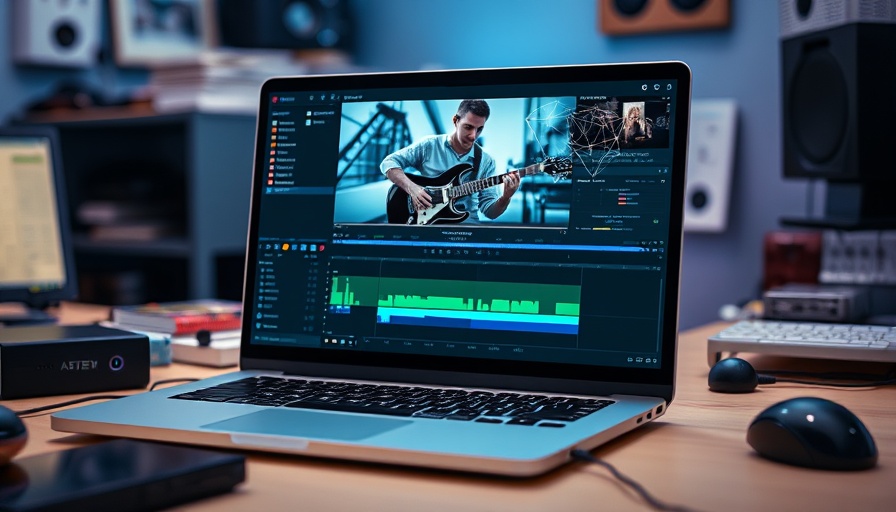 Laptop with video editing software, highlighting turning photos into videos.