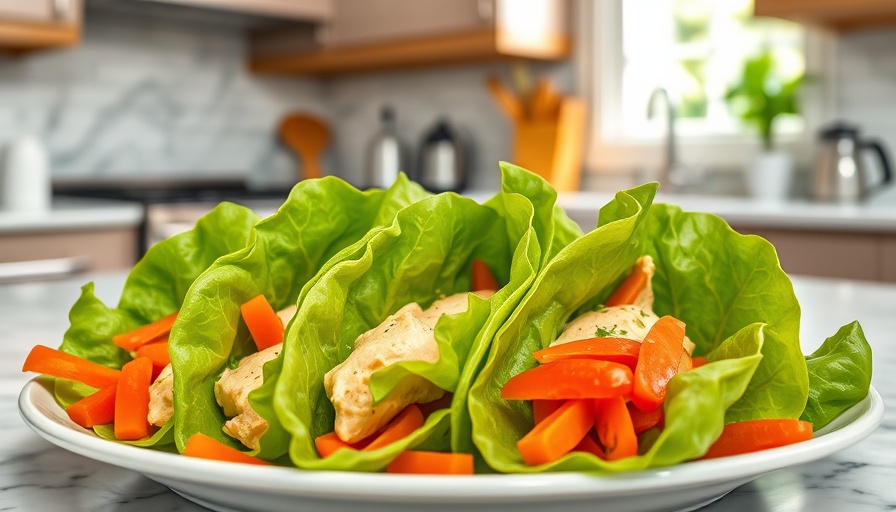 Fresh lettuce wraps with hummus and veggies on kitchen countertop.