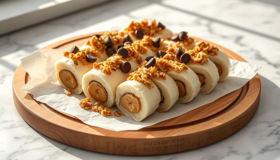 Banana sushi snack with toppings on wooden board.