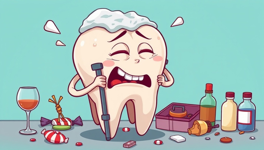 Humorous cartoon tooth illustration surrounded by sweets and remedies