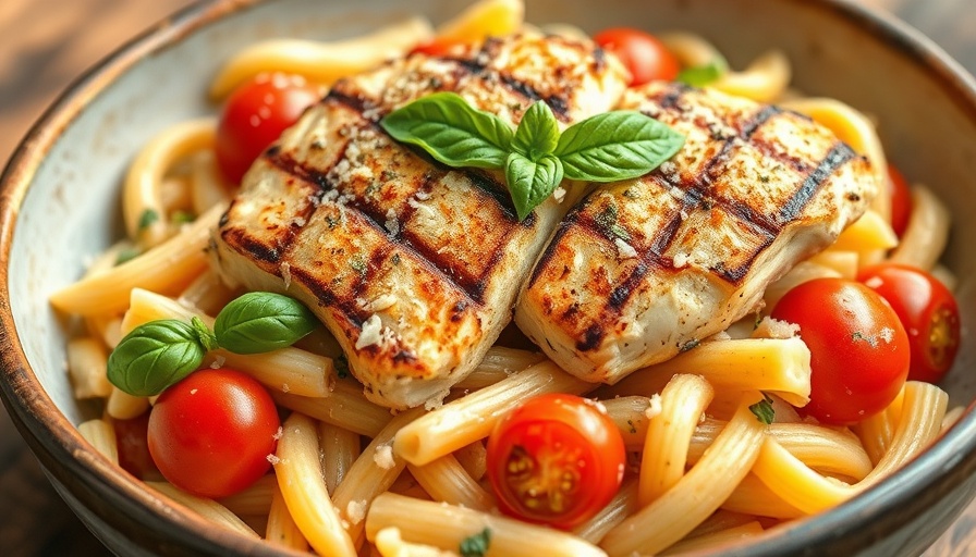 Burst Cherry Tomato Basil Chicken Rigatoni in rustic bowl.