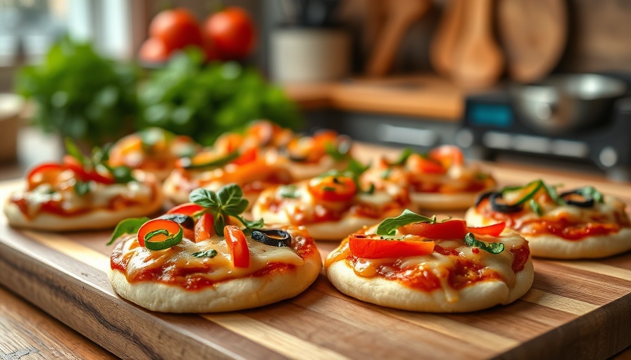 DIY Mini Pizza Lunchables with colorful toppings on a wooden board.