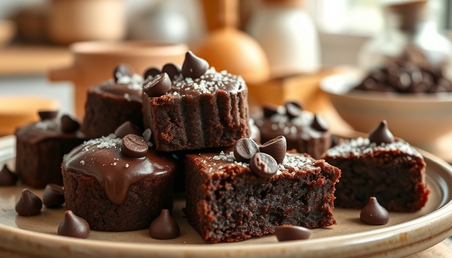 Chocolate Protein Brownie Bites on a plate, topped with chocolate chips.