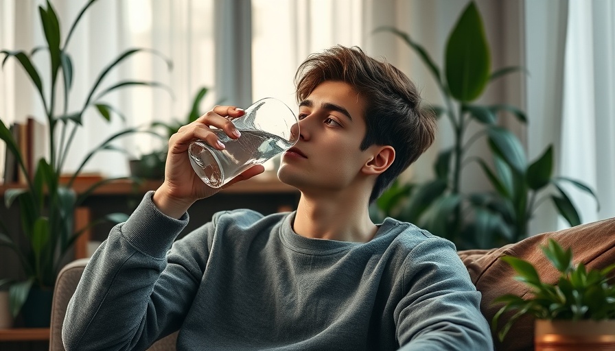 Young man drinking water in cozy living room, illustrating hydration.