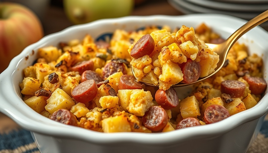 Cornbread Stuffing with Sausage and Apples in a dish with a spoon.