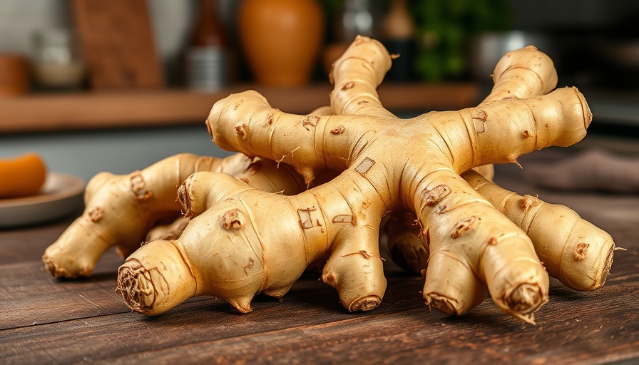 Fresh ginger roots on wood surface for nausea relief.