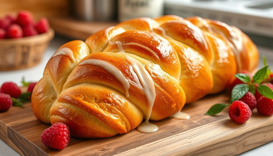 Delicious Raspberry Cream Cheese Braided Bread with glaze on a board
