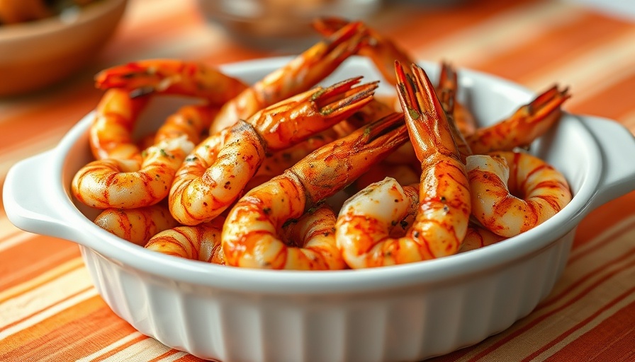 Spicy broiled shrimp recipe in a white dish, seasoned and ready to enjoy.