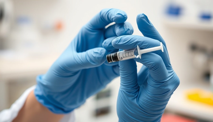 Hands in gloves preparing a vaccine syringe in a lab setting.