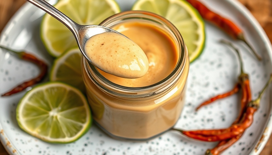 Smooth chipotle tahini sauce in jar with lime and chili.