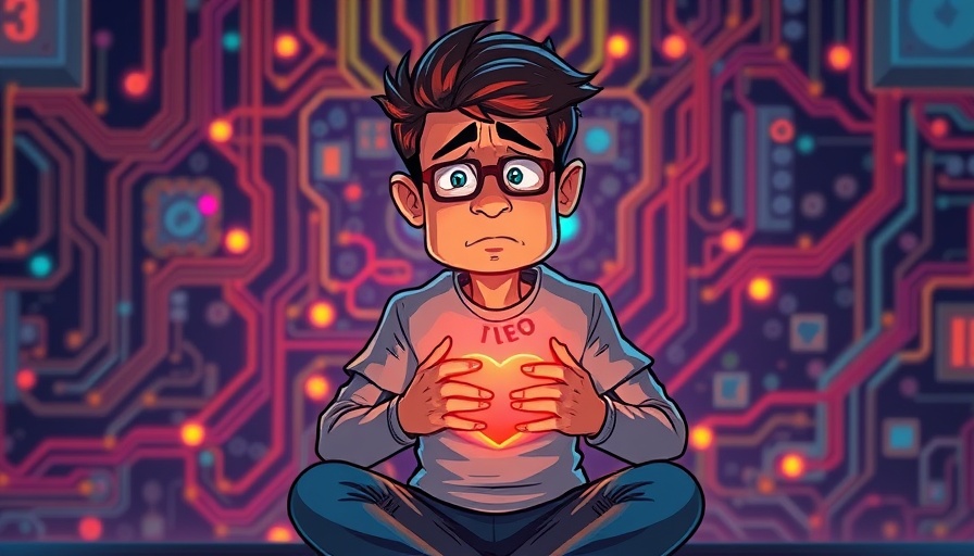 Illustration of man with glowing heart showcasing human essence amidst digital circuits, reflecting 'Why AI Can Never Replace Us'.