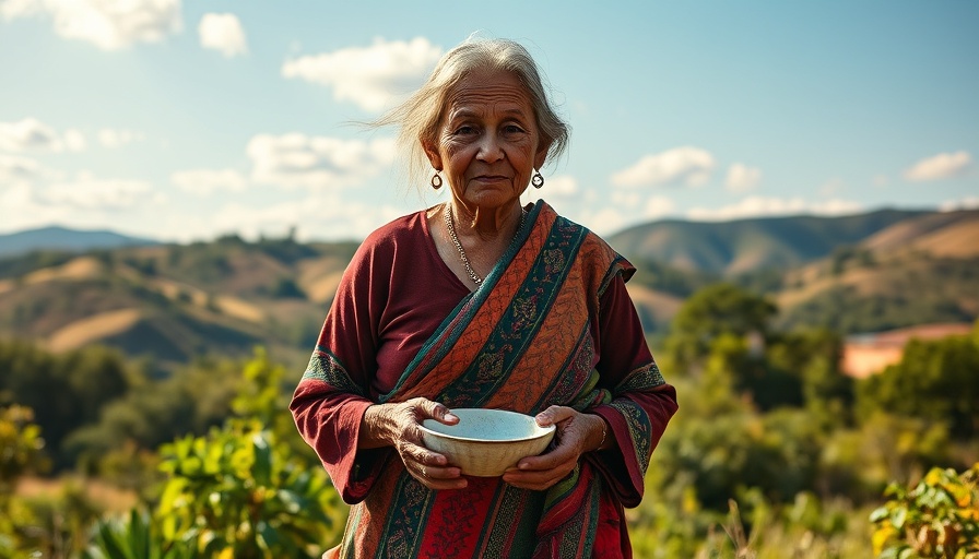 Rural scene of elderly woman holding bowl, highlighting dementia awareness.