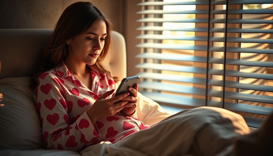 Young woman using phone in bed, heart-patterned pajamas, AI chatbots for health advice concept.