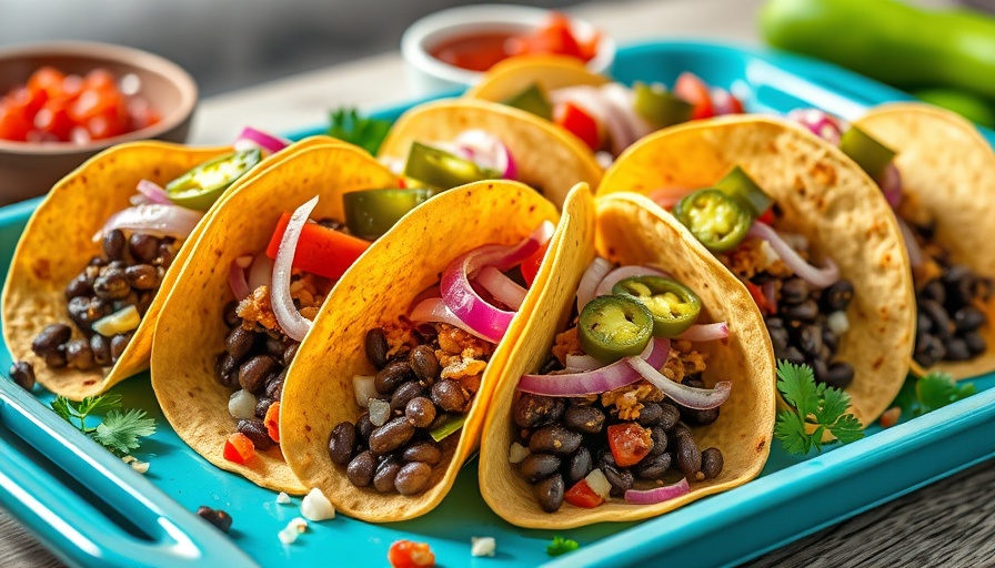 Crispy black bean tacos with pickled onions and jalapenos on a blue tray.