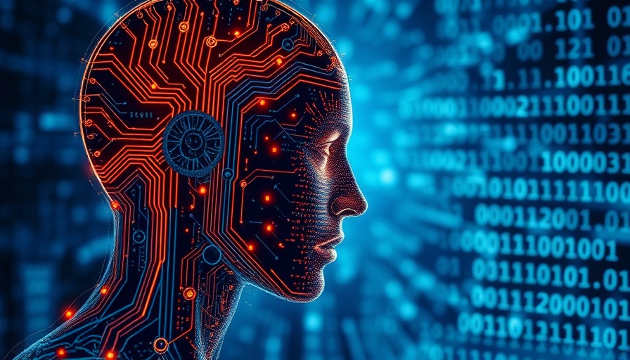 Digital human profile with circuits and binary code, glowing in blue.