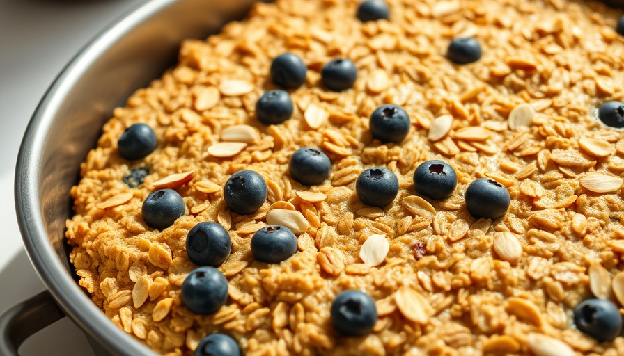 Delicious meal prep baked oatmeal with blueberries and almonds in a pan.