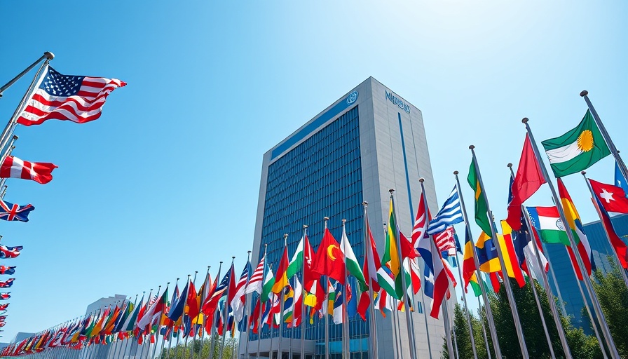 U.N. General Assembly global health strategies flags outside building