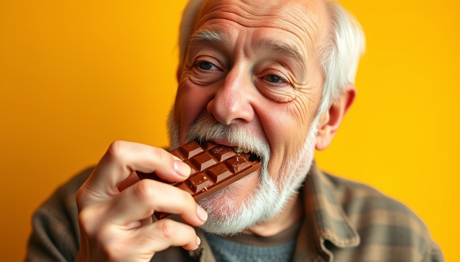 Elderly man enjoying chocolate, cocoa supplements anti-aging potential.