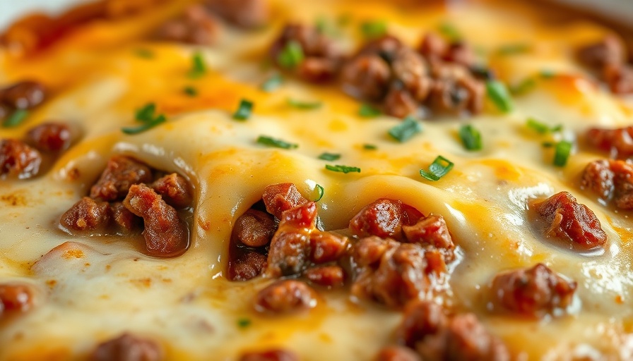 Healthy ground beef casserole with melted cheese and garnishes.