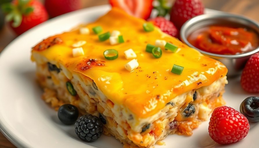 Crockpot overnight breakfast casserole with fresh berries on a plate.