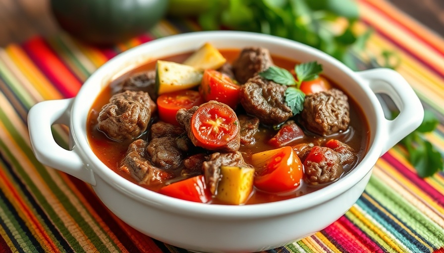 Italian Beef Stew with Zucchini in a white bowl on a striped placemat.