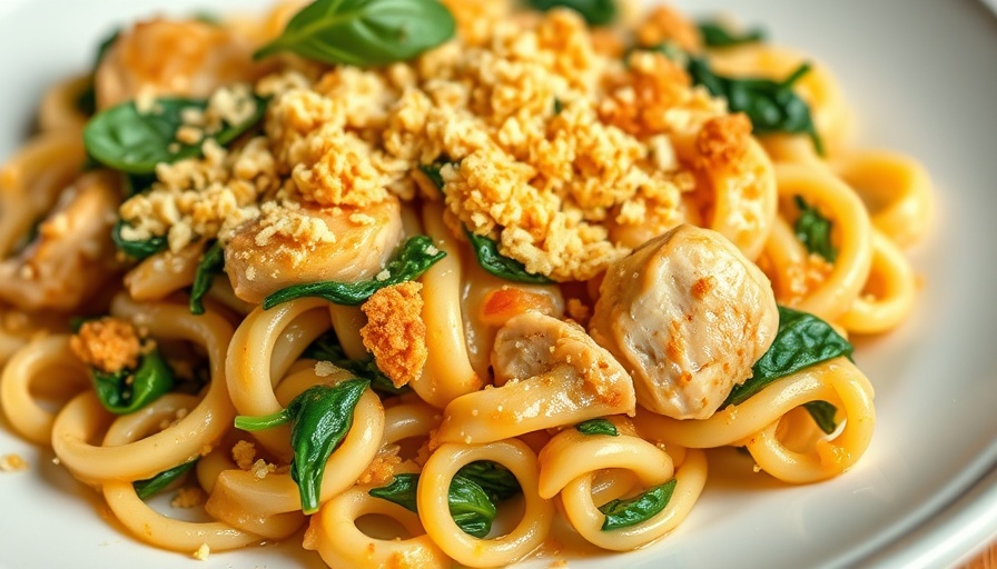 Caramelized Onion Spinach Chicken Pasta Bake with golden breadcrumbs.