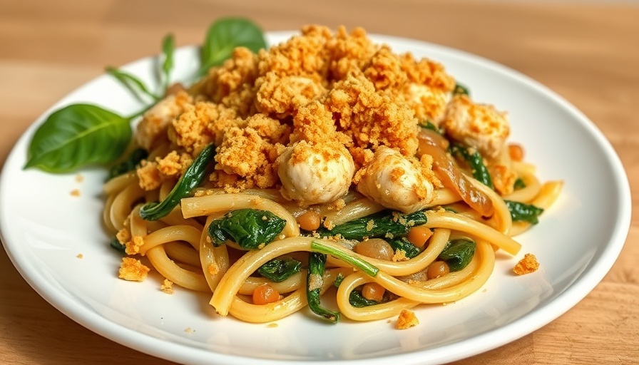 Caramelized onion spinach chicken pasta bake on a white plate.