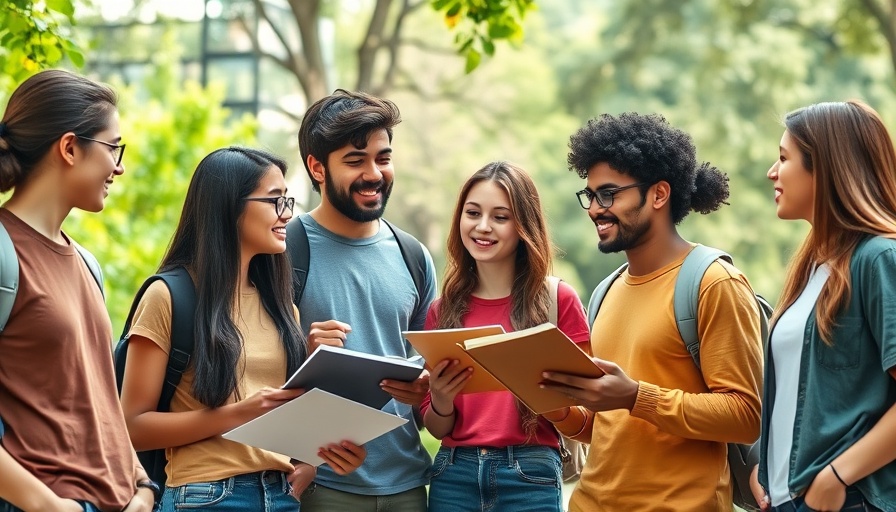 Young talent in AI: Teens discuss ideas in a vibrant park setting.