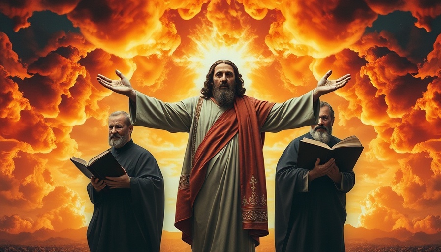 Surreal religious collage with fiery background.
