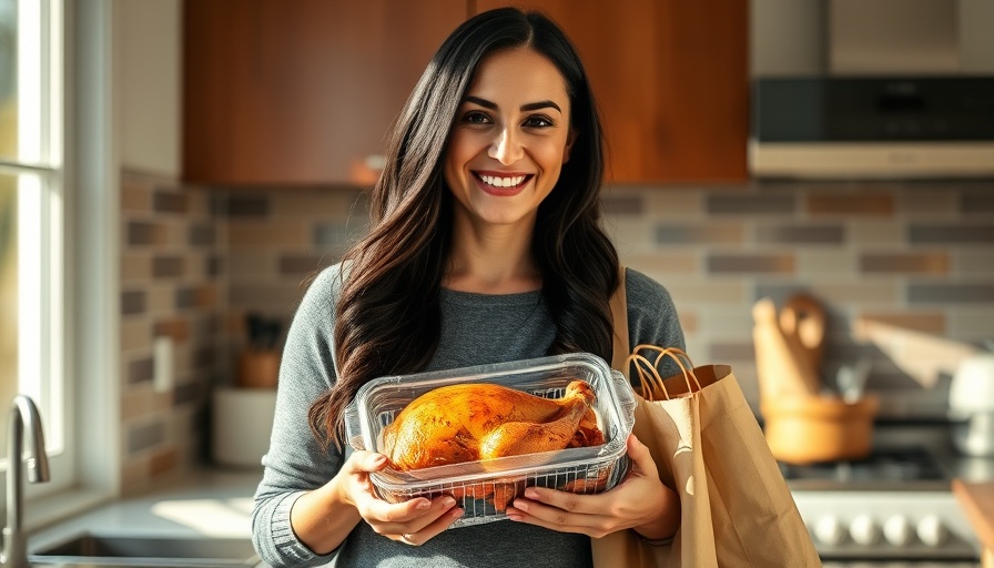 Woman with rotisserie chicken in kitchen for back-to-school dinner hacks.