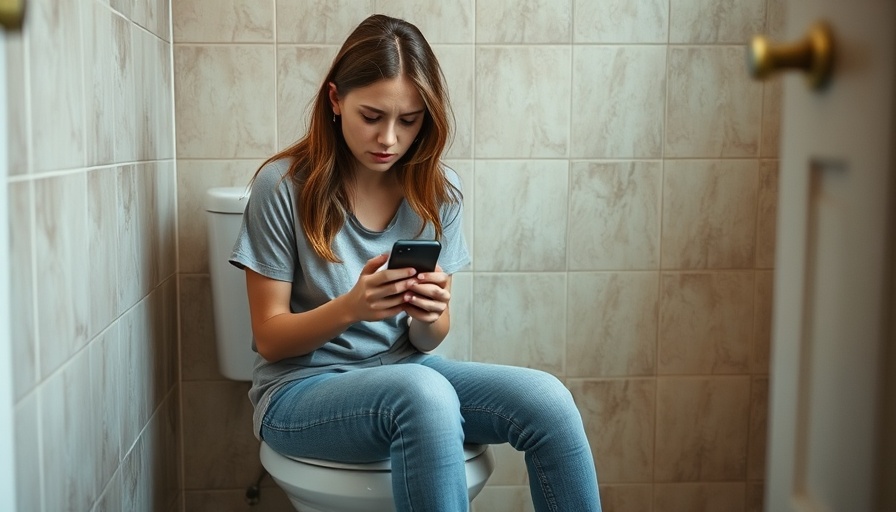 Woman using smartphone on toilet looking uncomfortable, connecting smartphone use to hemorrhoids.